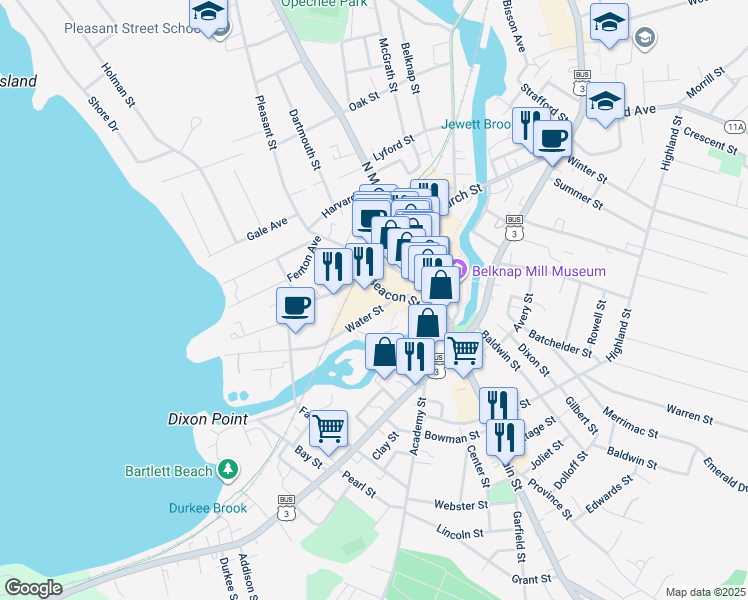 map of restaurants, bars, coffee shops, grocery stores, and more near 71 Beacon Street West in Laconia