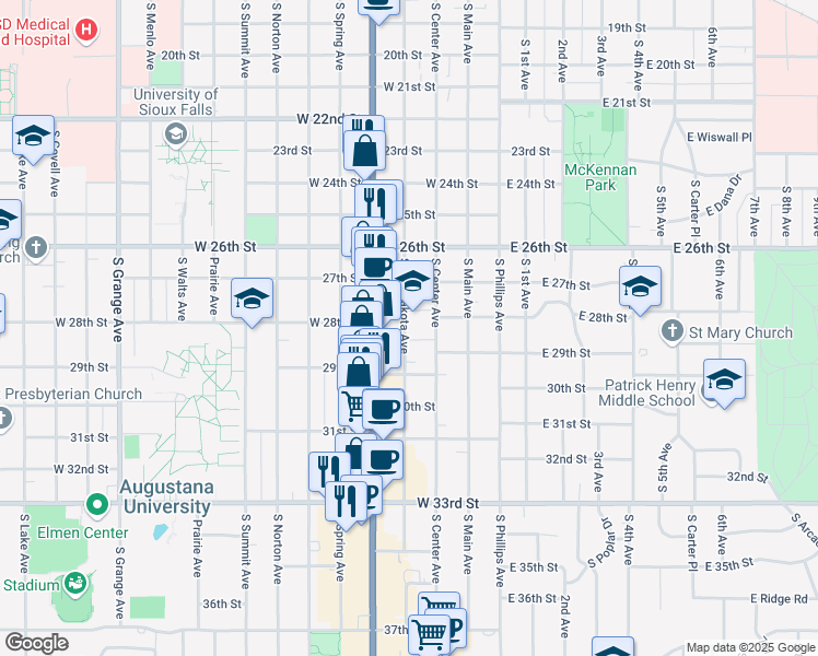 map of restaurants, bars, coffee shops, grocery stores, and more near 2000 South Dakota Avenue in Sioux Falls