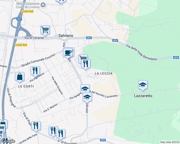 map of restaurants, bars, coffee shops, grocery stores, and more near 16 Via Giotto in Livorno