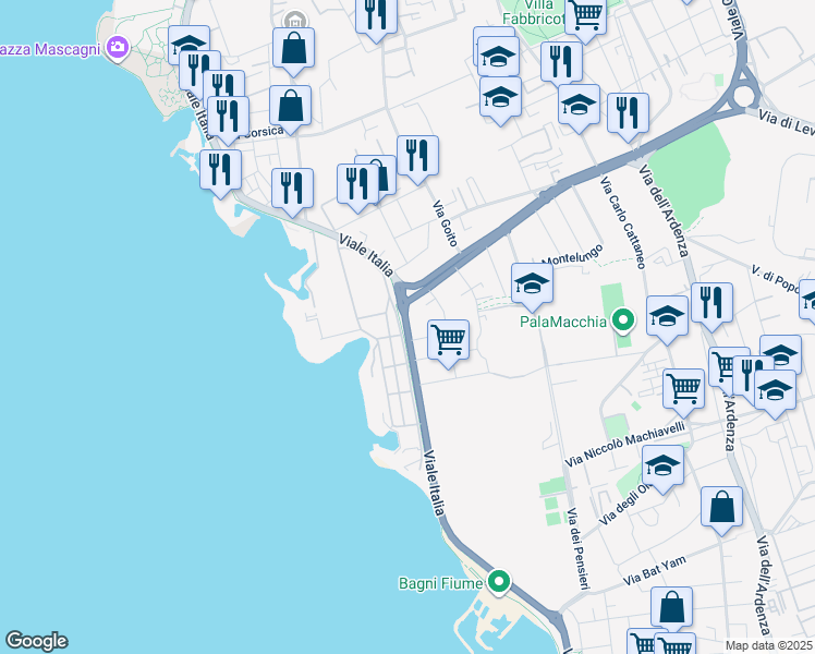 map of restaurants, bars, coffee shops, grocery stores, and more near 5 Via Riccardo Cipriani in Livorno