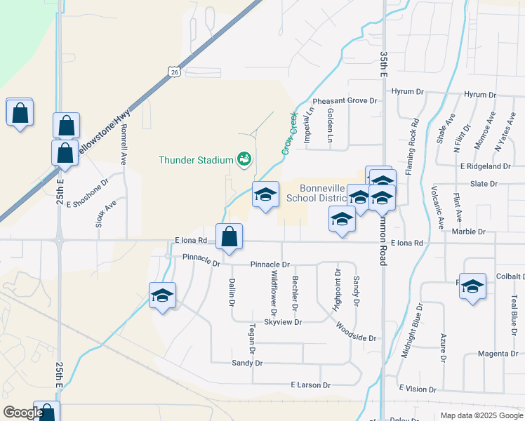 map of restaurants, bars, coffee shops, grocery stores, and more near 3165 East Iona Road in Idaho Falls