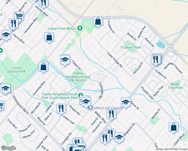 map of restaurants, bars, coffee shops, grocery stores, and more near 1380 Costigan Road in Milton