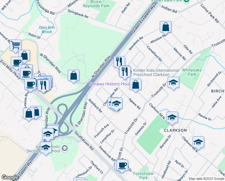 map of restaurants, bars, coffee shops, grocery stores, and more near in Mississauga
