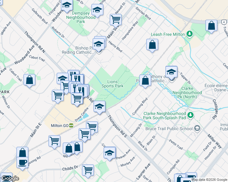 map of restaurants, bars, coffee shops, grocery stores, and more near 99 Thompson Road South in Milton