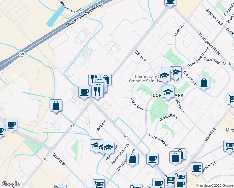 map of restaurants, bars, coffee shops, grocery stores, and more near 383 McNabb Crescent in Milton