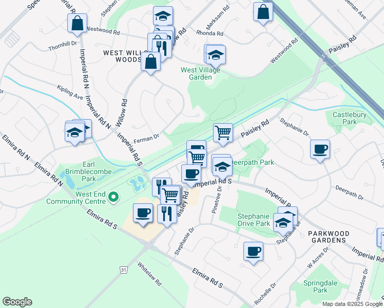 map of restaurants, bars, coffee shops, grocery stores, and more near 901 Paisley Road in Guelph