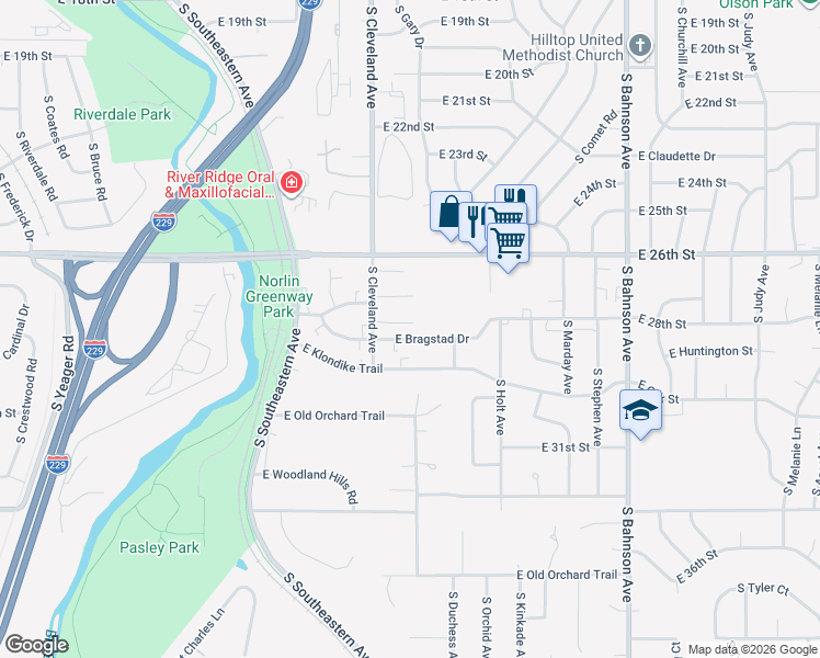 map of restaurants, bars, coffee shops, grocery stores, and more near 2040 South Cleveland Avenue in Sioux Falls