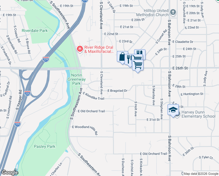 map of restaurants, bars, coffee shops, grocery stores, and more near 2040 South Cleveland Avenue in Sioux Falls