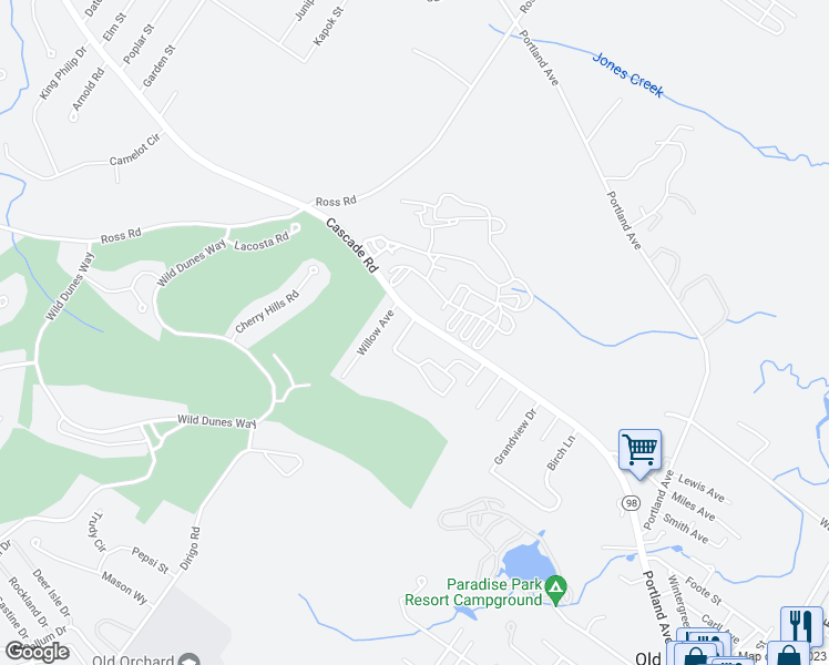 map of restaurants, bars, coffee shops, grocery stores, and more near 2 Birkdale Circle in Old Orchard Beach