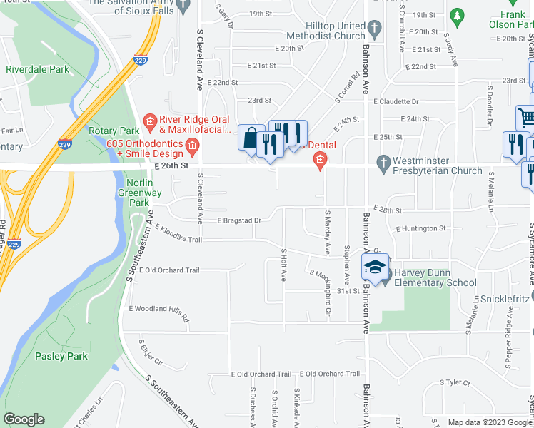 map of restaurants, bars, coffee shops, grocery stores, and more near 3074 East Bragstad Drive in Sioux Falls
