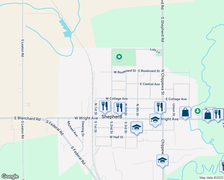 map of restaurants, bars, coffee shops, grocery stores, and more near 398 North 2nd Street in Shepherd