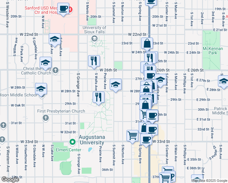 map of restaurants, bars, coffee shops, grocery stores, and more near 2001 South Summit Avenue in Sioux Falls