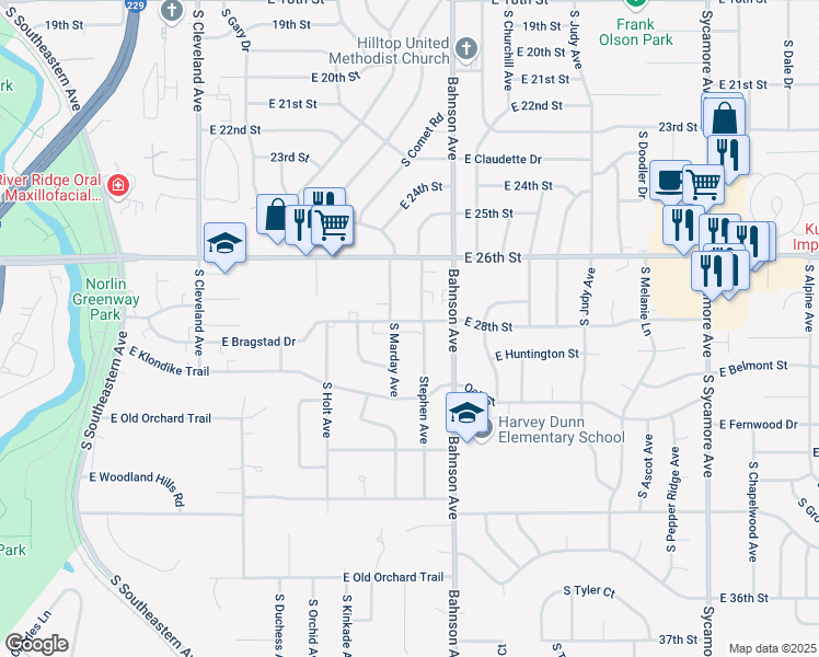 map of restaurants, bars, coffee shops, grocery stores, and more near 3403 East 28th Street in Sioux Falls