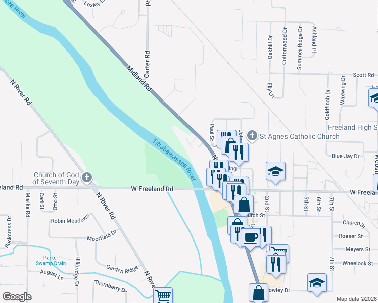 map of restaurants, bars, coffee shops, grocery stores, and more near 8217 Midland Road in Freeland