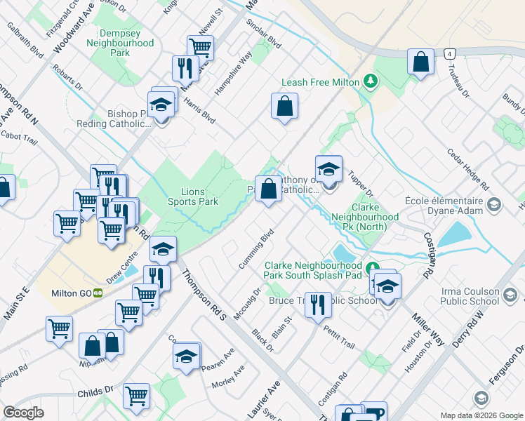 map of restaurants, bars, coffee shops, grocery stores, and more near Bonin Crescent in Milton