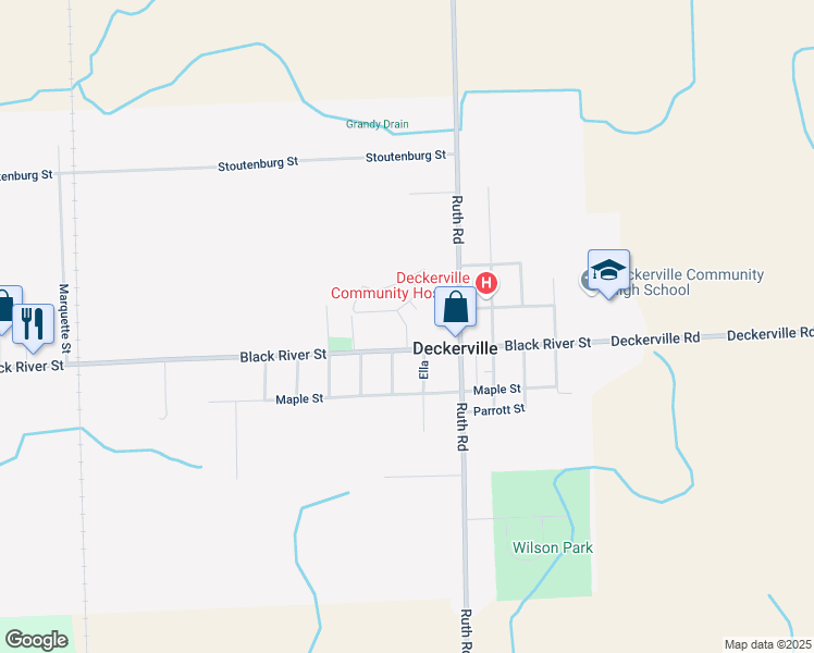 map of restaurants, bars, coffee shops, grocery stores, and more near 2433 Black River Street in Deckerville