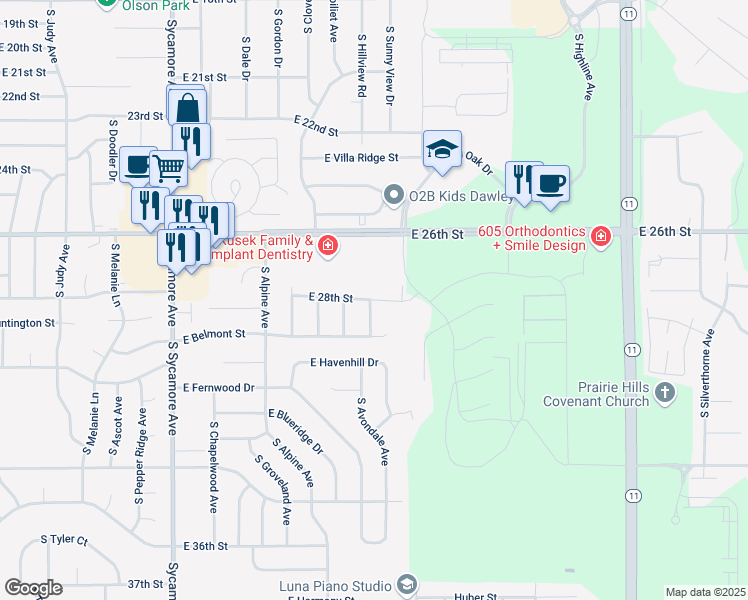 map of restaurants, bars, coffee shops, grocery stores, and more near 2001 South Hillview Road in Sioux Falls