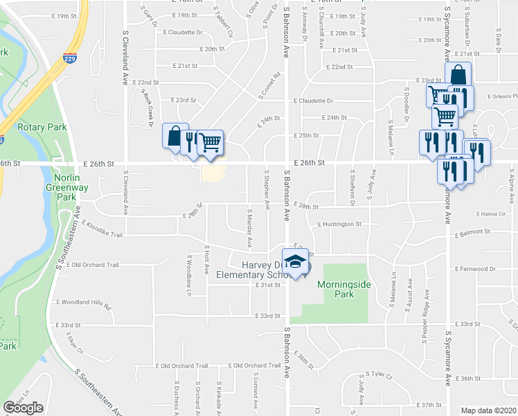 map of restaurants, bars, coffee shops, grocery stores, and more near 2105 South Stephen Avenue in Sioux Falls