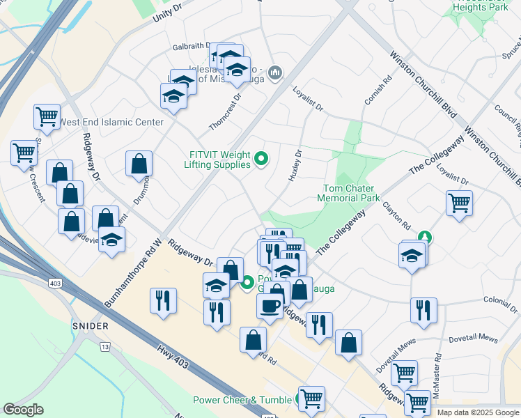 map of restaurants, bars, coffee shops, grocery stores, and more near 3329 Huxley Drive in Mississauga