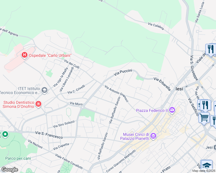 map of restaurants, bars, coffee shops, grocery stores, and more near 80 Via Antonio Gramsci in Jesi