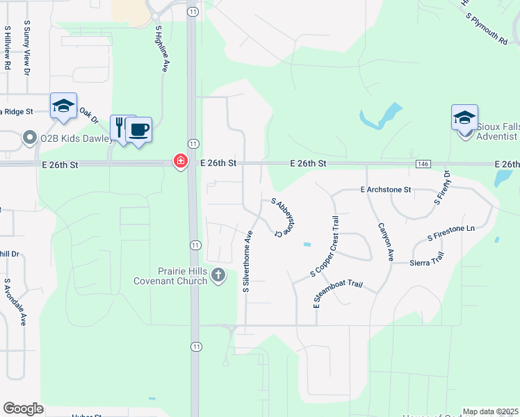 map of restaurants, bars, coffee shops, grocery stores, and more near 2009 South Silverthorne Avenue in Sioux Falls