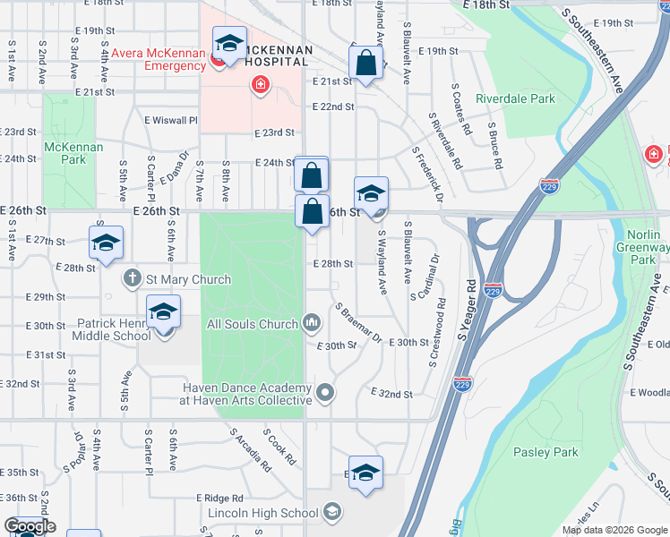 map of restaurants, bars, coffee shops, grocery stores, and more near 2008 South Sherman Avenue in Sioux Falls