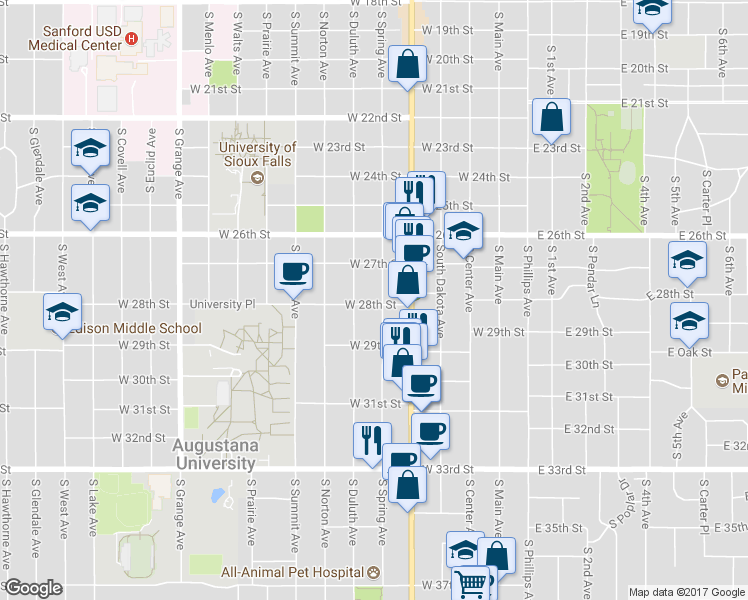 map of restaurants, bars, coffee shops, grocery stores, and more near 2002 South Duluth Avenue in Sioux Falls