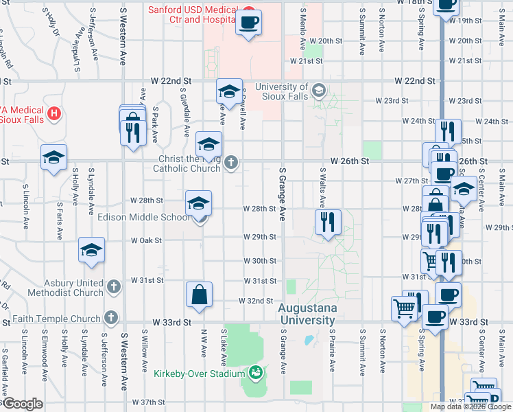 map of restaurants, bars, coffee shops, grocery stores, and more near 2005 South Euclid Avenue in Sioux Falls