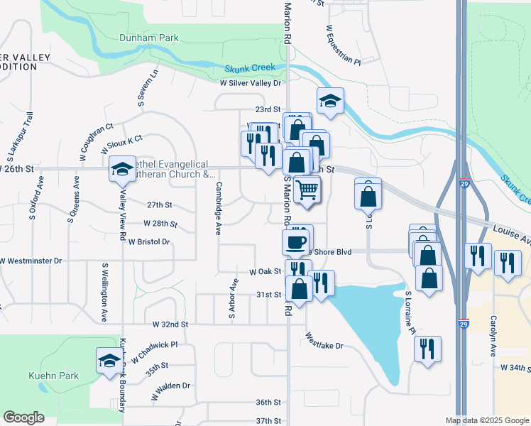map of restaurants, bars, coffee shops, grocery stores, and more near 5321 West Birnhamwood Drive in Sioux Falls
