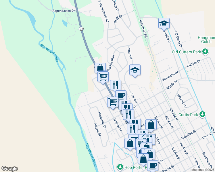 map of restaurants, bars, coffee shops, grocery stores, and more near 831 Idaho 75 in Hailey