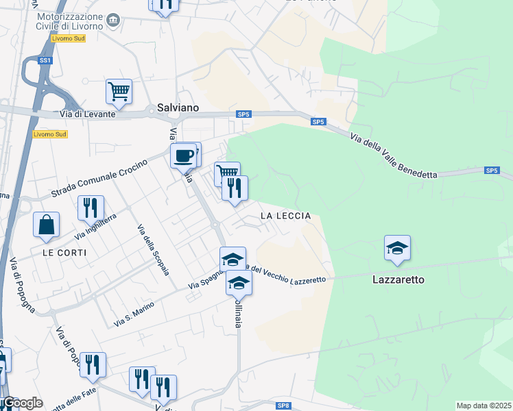 map of restaurants, bars, coffee shops, grocery stores, and more near 16 Via Giotto in Livorno