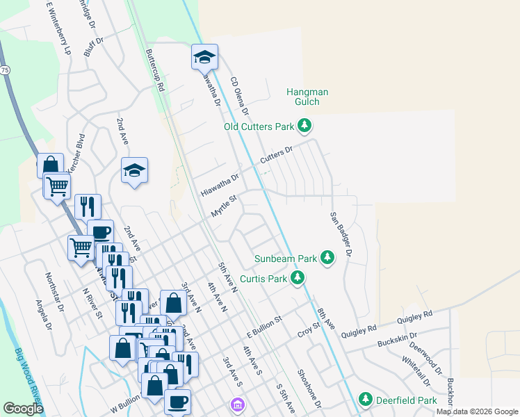 map of restaurants, bars, coffee shops, grocery stores, and more near 537-585 Mother Lode Loop in Hailey