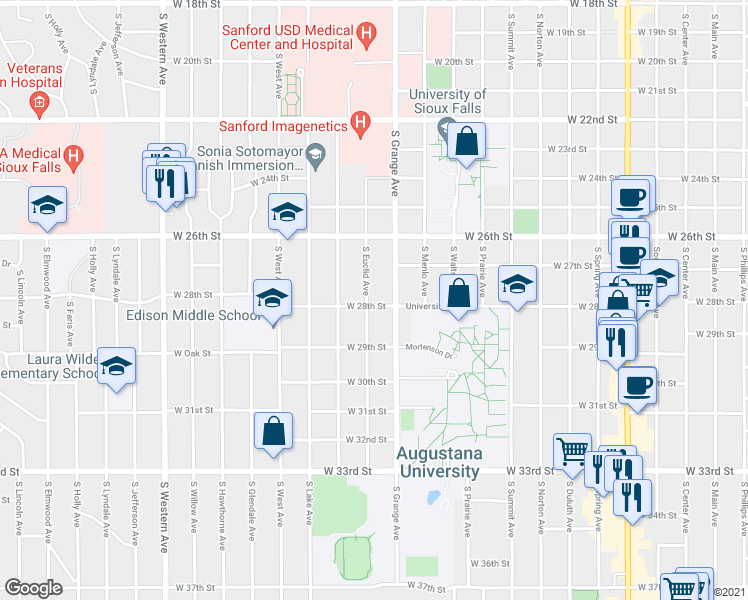 map of restaurants, bars, coffee shops, grocery stores, and more near 1932 South Euclid Avenue in Sioux Falls