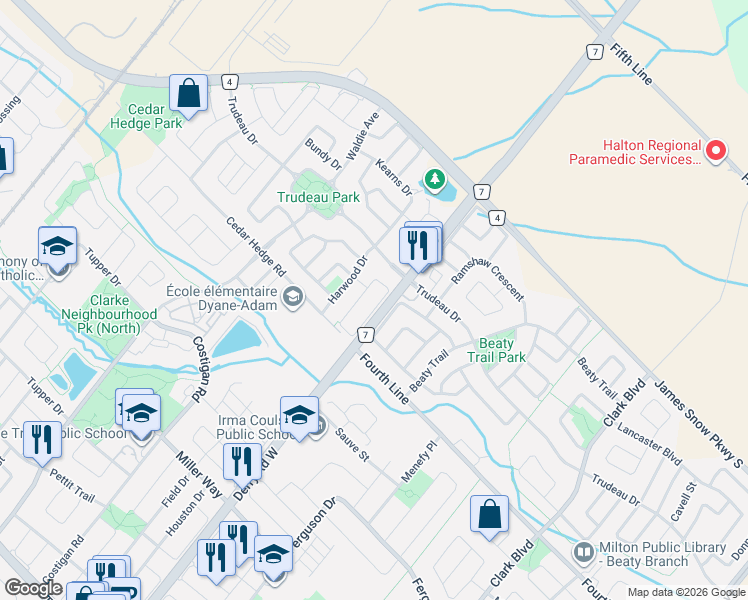 map of restaurants, bars, coffee shops, grocery stores, and more near 1573 Evans Terrace in Milton