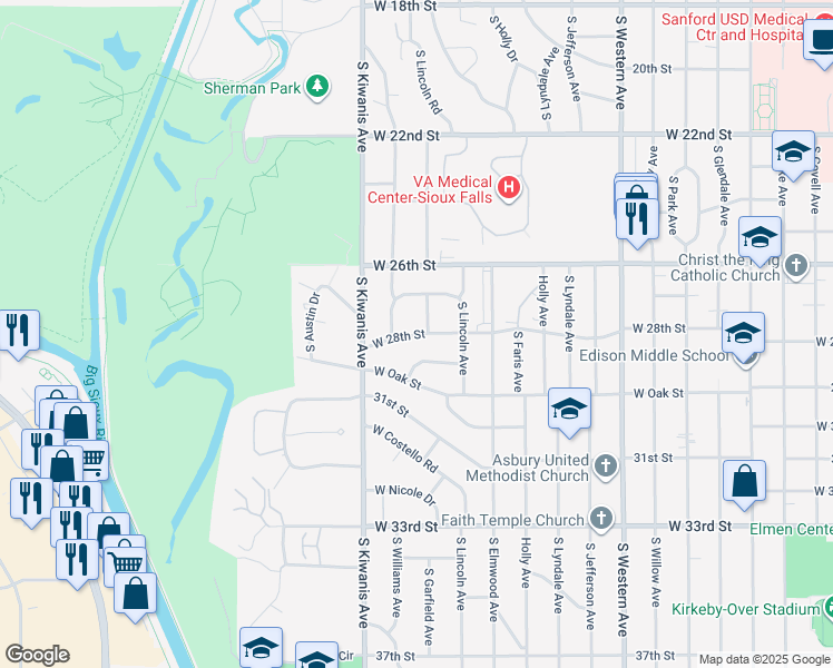 map of restaurants, bars, coffee shops, grocery stores, and more near 2704 West 28th Street in Sioux Falls