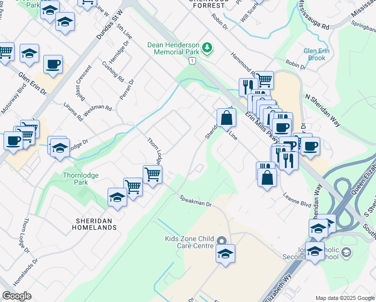 map of restaurants, bars, coffee shops, grocery stores, and more near 2185 Sheridan Park Drive in Mississauga