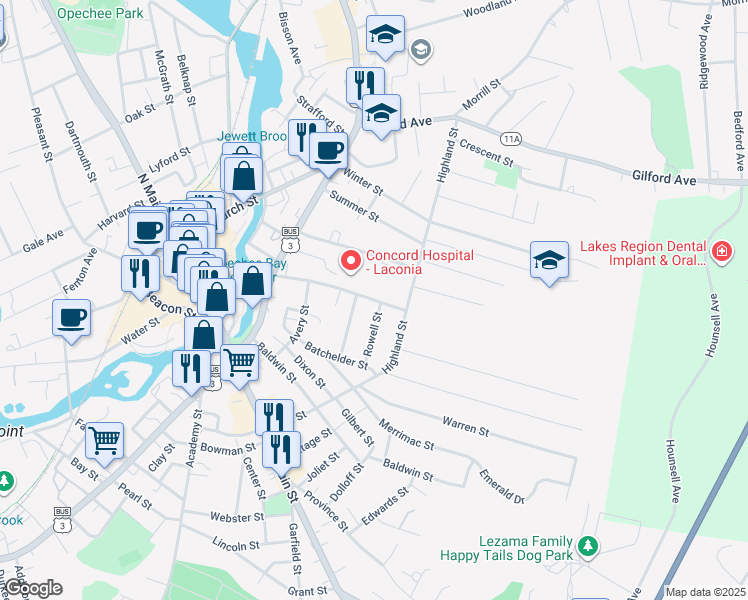 map of restaurants, bars, coffee shops, grocery stores, and more near 16 Beaman Street in Laconia