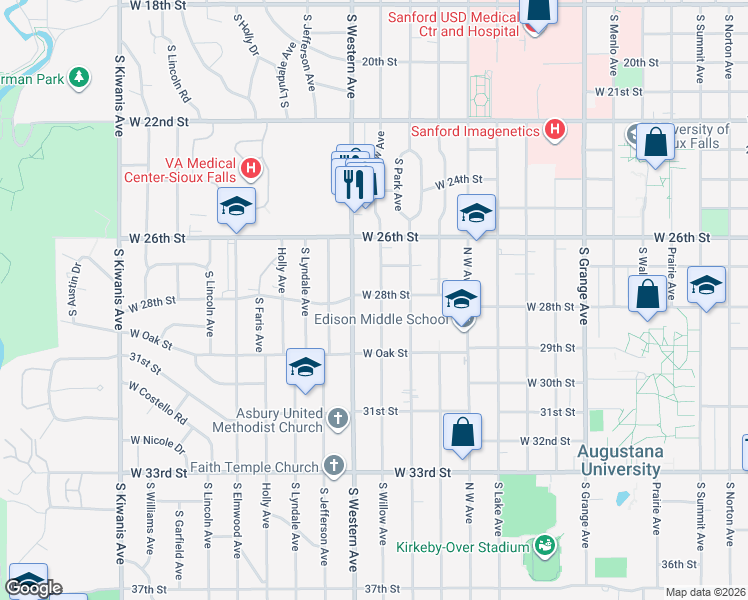 map of restaurants, bars, coffee shops, grocery stores, and more near 2017 South Willow Avenue in Sioux Falls