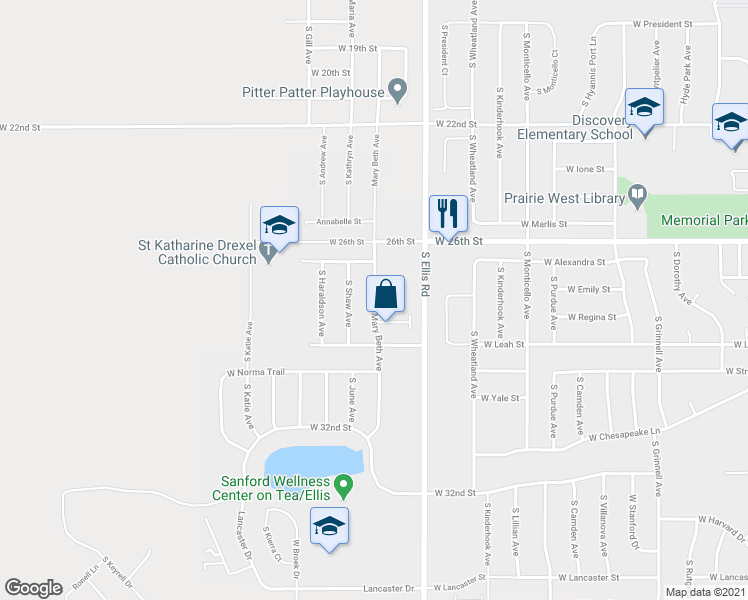 map of restaurants, bars, coffee shops, grocery stores, and more near South Mary Beth Avenue in Sioux Falls
