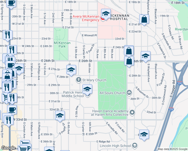 map of restaurants, bars, coffee shops, grocery stores, and more near 1999 S 7th Ave in Sioux Falls