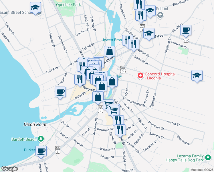 map of restaurants, bars, coffee shops, grocery stores, and more near 30 Beacon Street East in Laconia