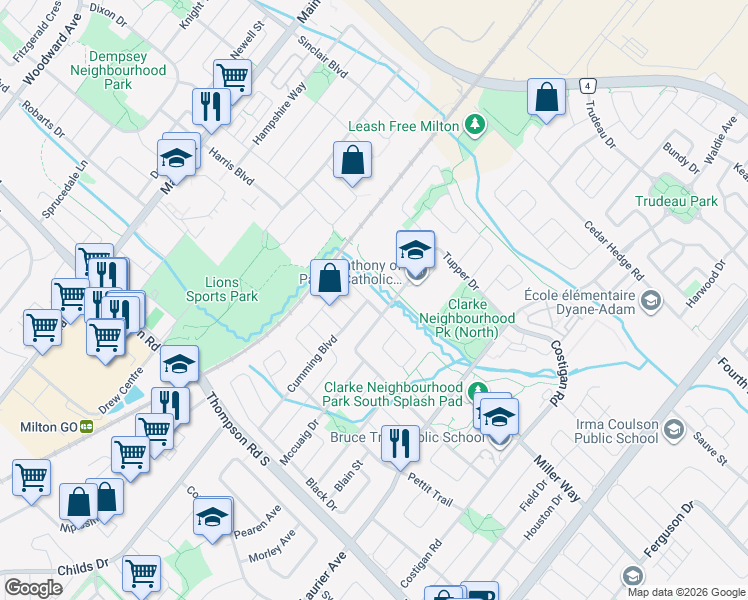 map of restaurants, bars, coffee shops, grocery stores, and more near 1222 Bonin Crescent in Milton