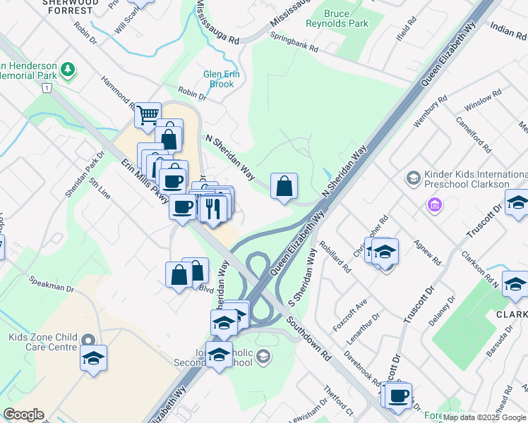 map of restaurants, bars, coffee shops, grocery stores, and more near 1900 North Sheridan Way in Mississauga