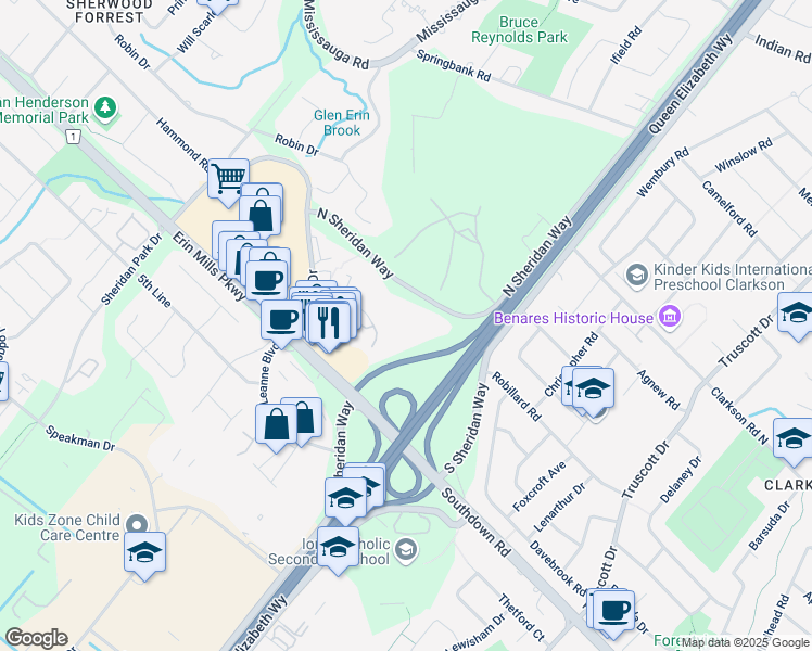 map of restaurants, bars, coffee shops, grocery stores, and more near 2095 Roche Court in Mississauga