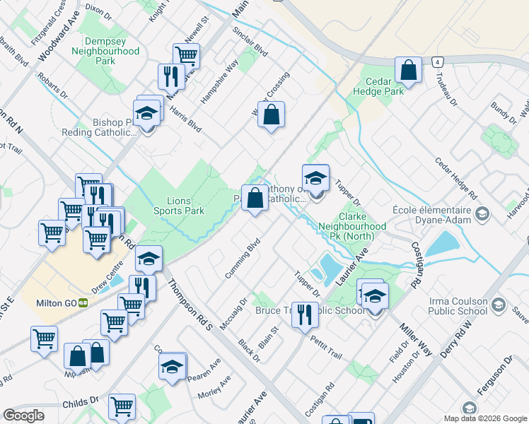 map of restaurants, bars, coffee shops, grocery stores, and more near 305 Teetzel Drive in Milton