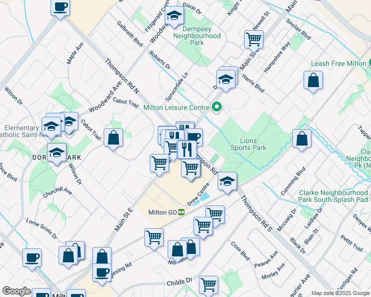 map of restaurants, bars, coffee shops, grocery stores, and more near 874 Main Street East in Milton