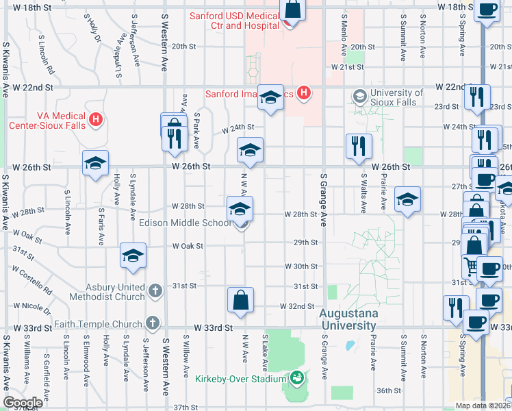 map of restaurants, bars, coffee shops, grocery stores, and more near 1605 West 28th Street in Sioux Falls