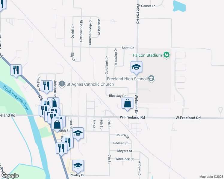map of restaurants, bars, coffee shops, grocery stores, and more near 10191 Blue Jay Drive in Freeland
