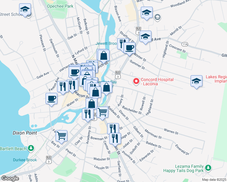map of restaurants, bars, coffee shops, grocery stores, and more near 27 Locust Street in Laconia