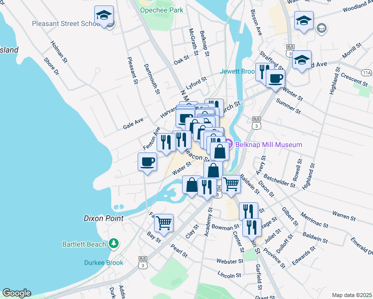map of restaurants, bars, coffee shops, grocery stores, and more near 71 Beacon Street West in Laconia